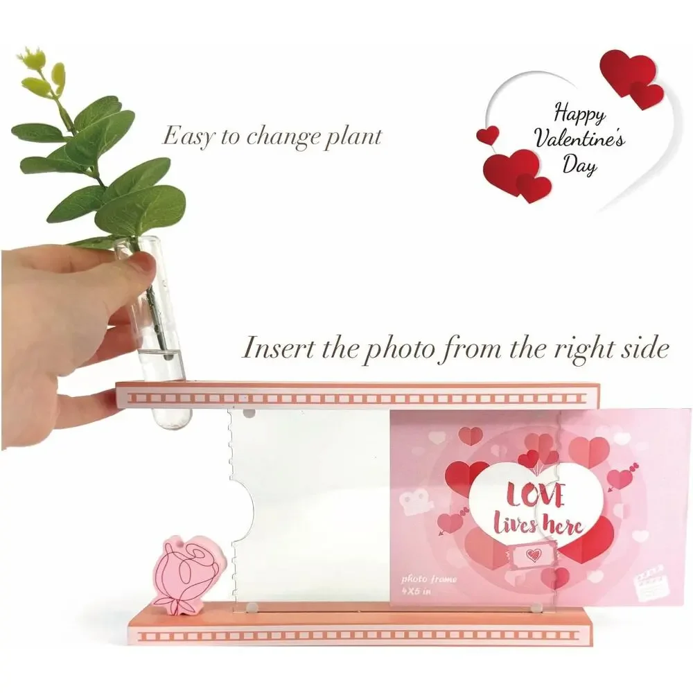 Valentine’s Day Picture Frame with Glass Vase – 4x6 Pink Floral Wood Frame Gift